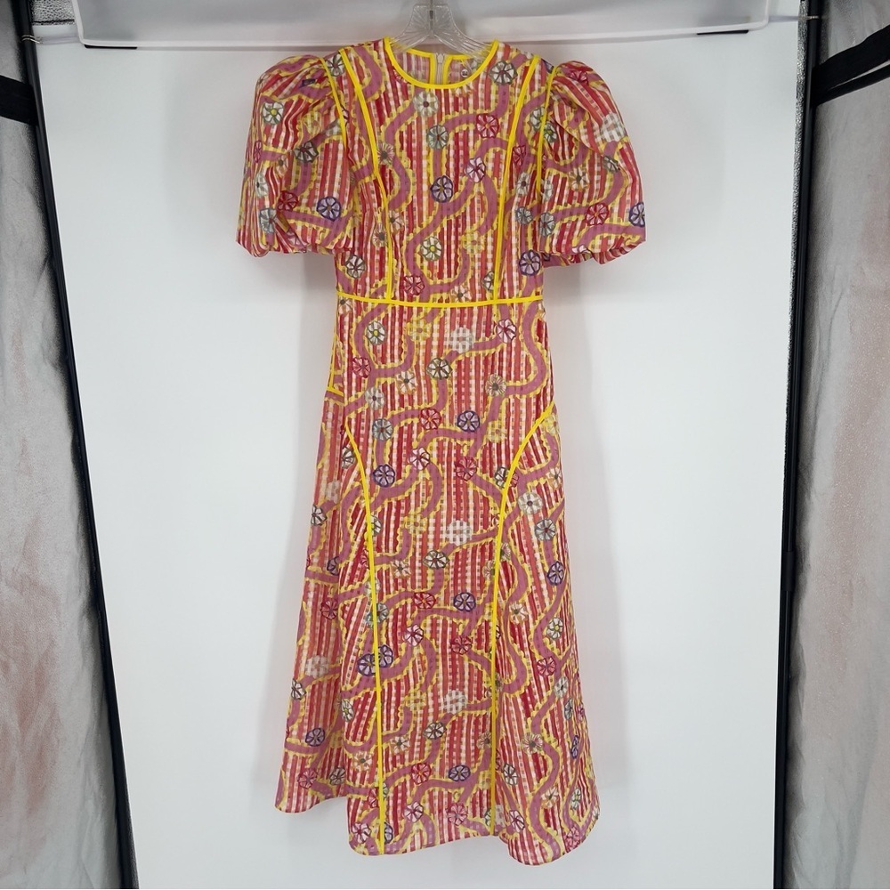 Celia B Nammu Floral Sheer Structured Chiffon Puff Sleeve Midi Dress S SAMPLE
